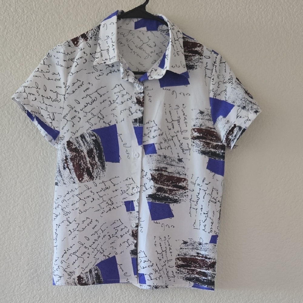 SHEIN Women's Abstract Print Blouse - Blue, White, and Brown